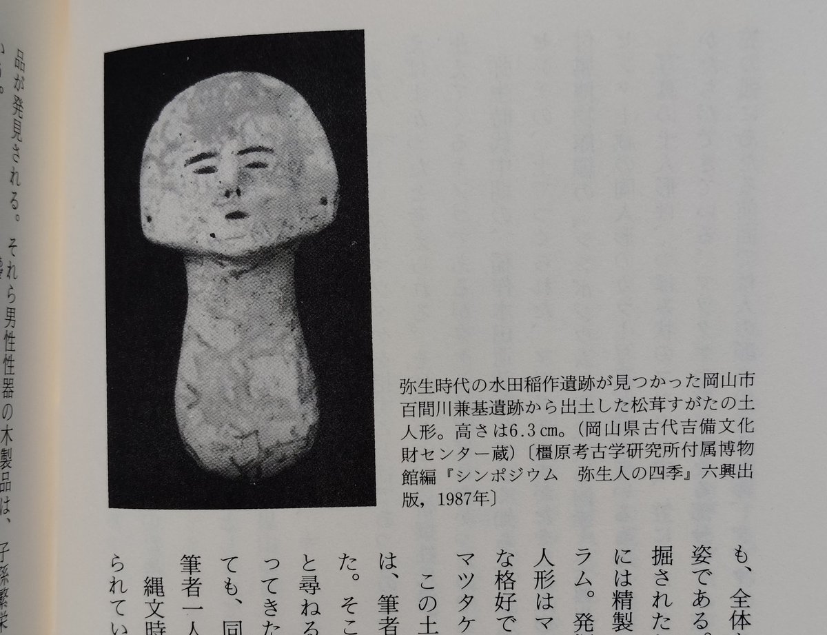 日本人が弥生時代からキノコに顔を書きたがっていたことがわかる。クリボー、遊戯王のきのこマン、ホクトのブナシメジ、おさわり探偵のなめこ…あらゆるキノコキャラクターの祖先がこの百間川兼基遺跡から出土した松茸の土人形だと言えるのではないか。もっとも、ちびまる子ちゃんに見えなくもない。