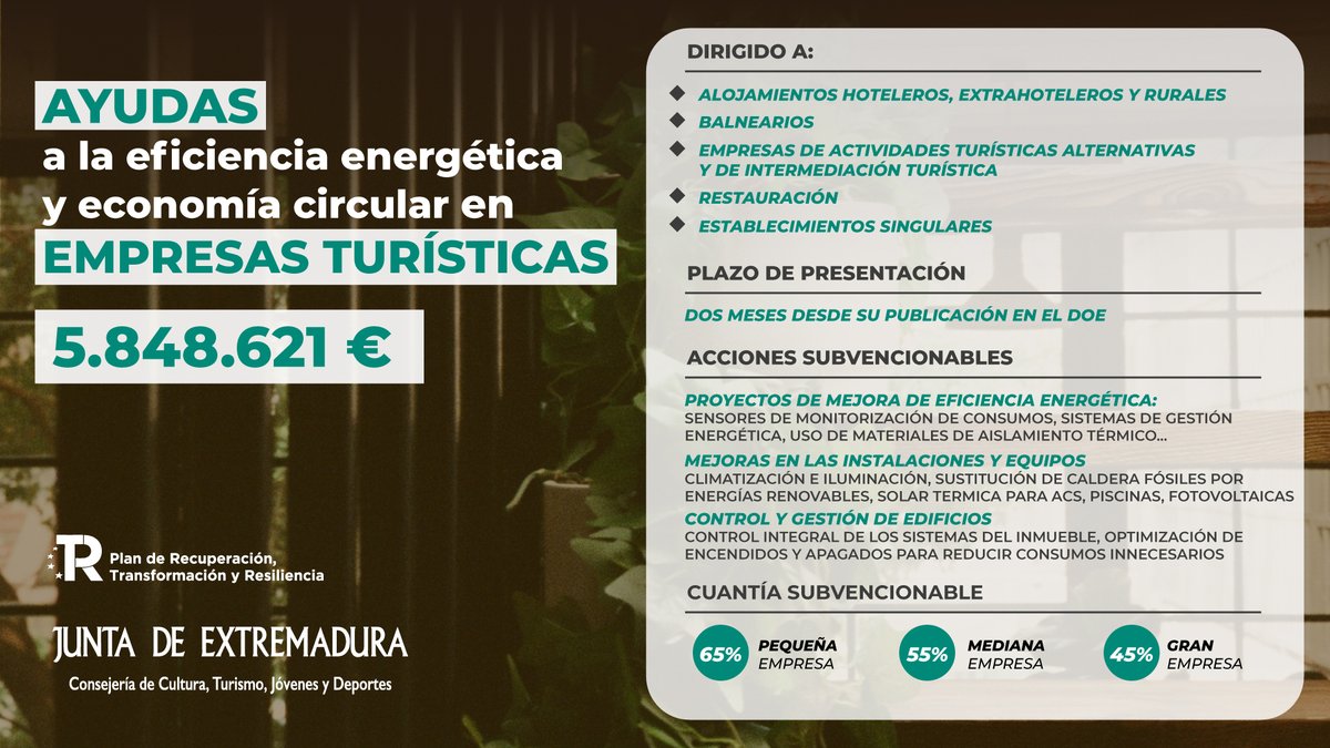 📣 ¡Empresario/Empresaria!
🟢 Solicita las ayudas a la eficiencia energética y economía circular en empresas turísticas de #Extremadura
🗓️ Plazo ➡️ hasta el 30 de septiembre de 2025
📄 doe.juntaex.es/pdfs/doe/2025/…
🔗 juntaex.es/w/0721125