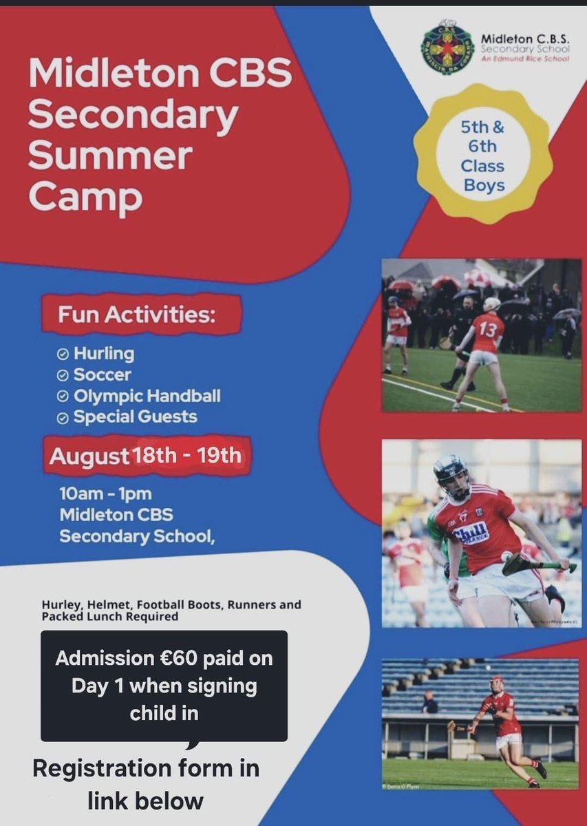 1 week to go before our Summer Camp in Midleton CBS. Great fun and craic is guaranteed! 

A mixture of hurling, soccer, Olympic Handball, games and special guests across the 2 days of camp. It’s not to be missed! 

Click on the link below to sign up ⬇️

surveymonkey.com/r/NSRDSD2