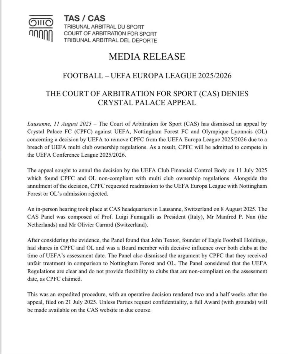 🚨 BREAKING: Crystal Palace have lost their CAS appeal and will play in the UEFA Conference League this season. 

Nottingham Forest will replace them in the Europa League. 

Palace will consider all legal options.