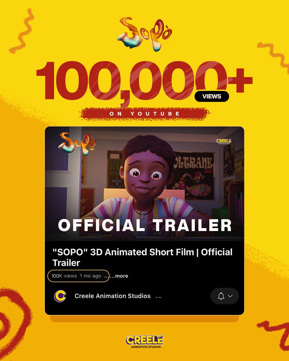 The Official trailer for SOPO our upcoming 3D animated film has passed 100,000k views on YouTube. It’s amazing to see our story resonate with you all. Thank you for every watch, likes &amp; share. If you haven’t seen the trailer yet, click the link below. 
youtu.be/skAqJlvhB0M
