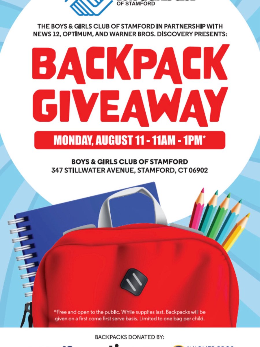 Today is our annual Backpack Giveaway!  Come by and see your favorite News 12 anchors and reporters at the Boys and Girls Club of Stamford from 11am-1pm. Hope to see you there!!  <a href="/News12CT/">News12CT</a> <a href="/BGCA_Clubs/">Boys & Girls Clubs of America</a>