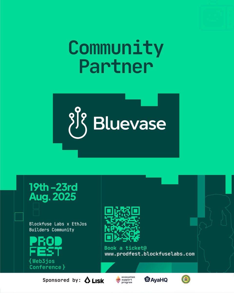 We’re an official Community Partner for #ProdFest2025! 

From Software engineering to Web3 &amp; AI, Bluevase is building Africa’s tech future  and we’re taking it to Jos this August.

📍 Aug 19–23 | Jos, Nigeria
🔗 prodfest.blockfuselabs.com

Let’s build the future, block by block.