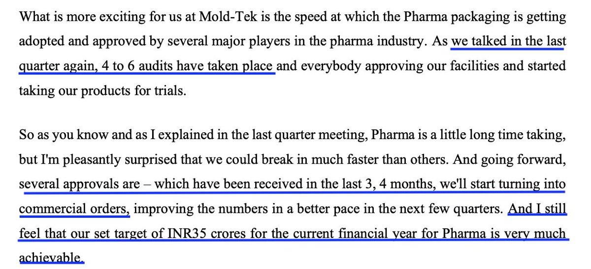 vileh111's tweet image. #MoldTek Packaging’s pharma vertical is beginning to show operating leverage:

· Revenue scale-up: ₹7.4 cr in Q1 FY26 vs ₹6.66 cr in Q4 FY25 (~10% QoQ growth).
· Core products: EV tubes, caps, and closures — pharma SKUs carry structurally higher margins.
· New launches: