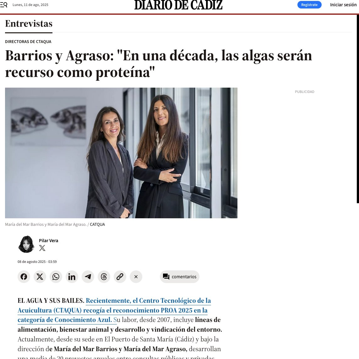 CTAQUA-Acuicultura (@ctaqua_ct) on Twitter photo 🆕 Os dejamos la entrevista realizada a María del Mar Barrios y María del Mar Agraso, directoras de nuestro centro,por Pilar Vera
Gracias <a href="/diariocadiz/">Diario de Cádiz</a> por dedicarnos este espacio para dar a conocer nuestro trabajo y visión #acuicultura #sostenibilidad
👉 diariodecadiz.es/entrevistas/ct… 🆕 Os dejamos la entrevista realizada a María del Mar Barrios y María del Mar Agraso, directoras de nuestro centro,por Pilar Vera
Gracias <a href="/diariocadiz/">Diario de Cádiz</a> por dedicarnos este espacio para dar a conocer nuestro trabajo y visión #acuicultura #sostenibilidad
👉 diariodecadiz.es/entrevistas/ct…