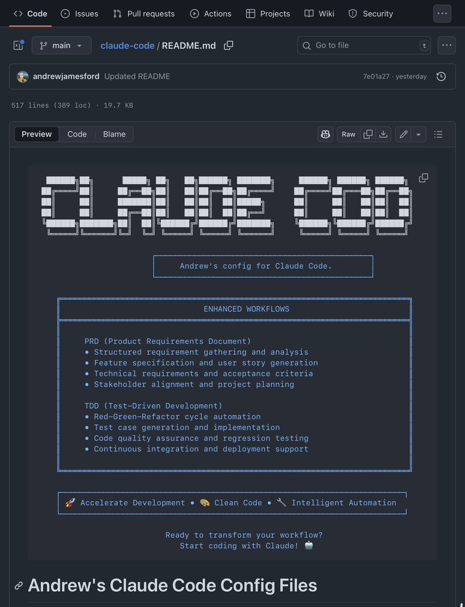 codeandrewford's tweet image. Open-sourced my Claude Code setup after too many conversations that started with ‘how do you actually use this thing?’ PRD workflows, TDD automation, and maintenance scripts that I rely on. Hope it helps someone else skip the trial and error phase.
github.com/andrewjamesfor…