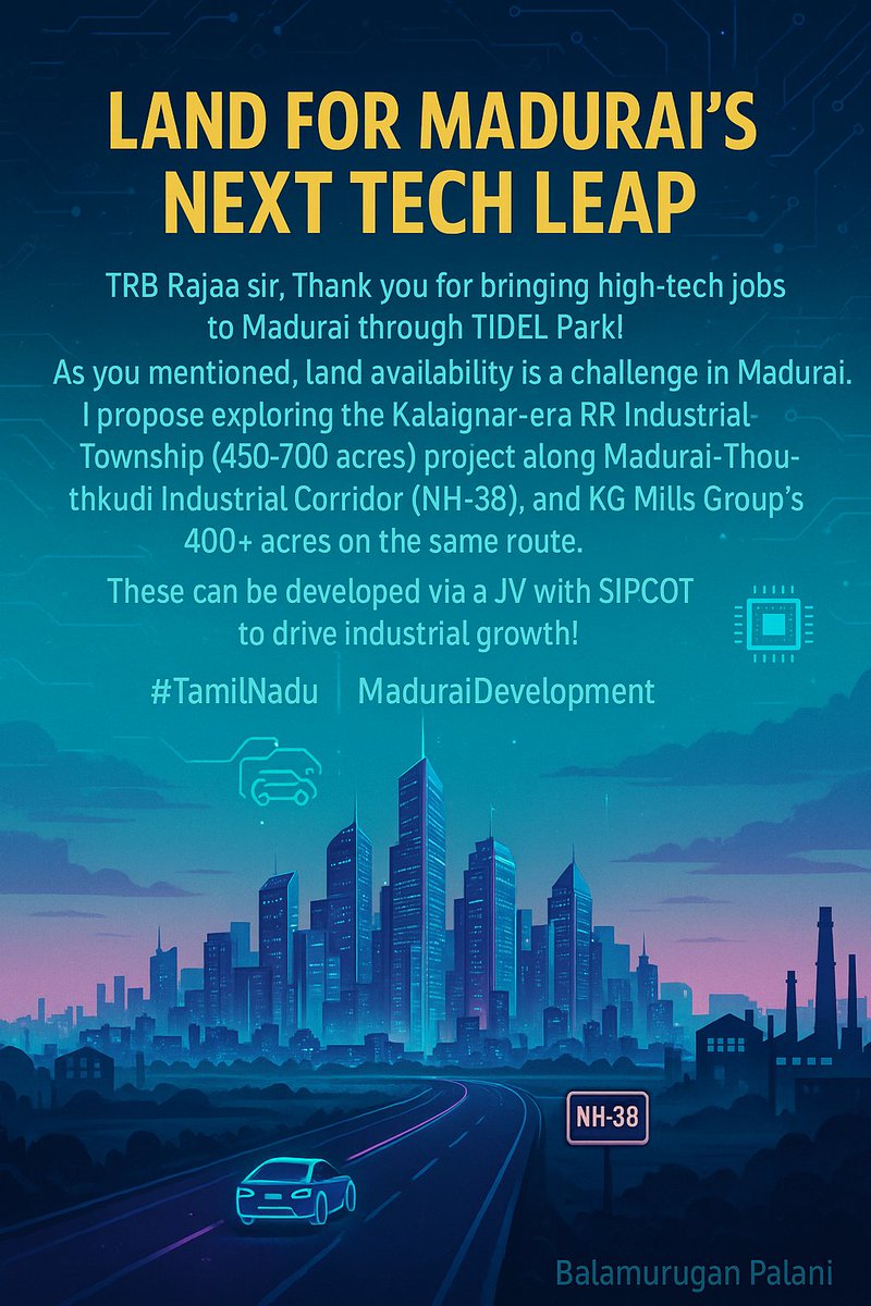 Balamurugan (@balamurugan8014) on Twitter photo <a href="/TRBRajaa/">Dr. T R B Rajaa</a> sir,We want to propose the Kalaignar-era existing project from Pvt firm RR Industrial Township (450-700Acr),still holding the land bank,and KG Mills Group's 400+Acr on the industrial corridor. We want you to JV with SIPCOT to develop this industrial corridor for growth! <a href="/TRBRajaa/">Dr. T R B Rajaa</a> sir,We want to propose the Kalaignar-era existing project from Pvt firm RR Industrial Township (450-700Acr),still holding the land bank,and KG Mills Group's 400+Acr on the industrial corridor. We want you to JV with SIPCOT to develop this industrial corridor for growth!
