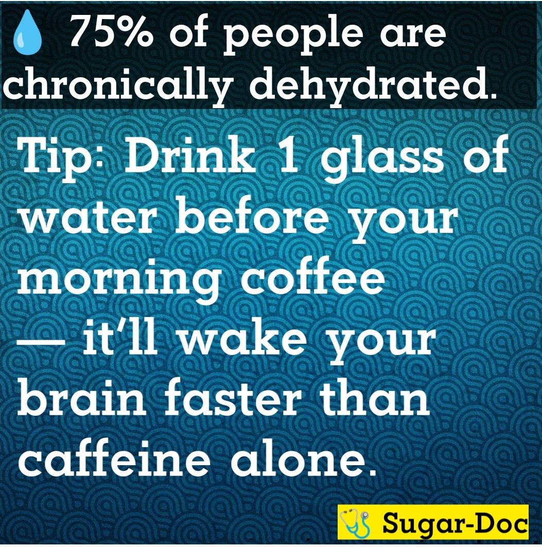 SugarDocHealth's tweet image. 💧 Did you know 75% of people are chronically dehydrated? Here’s a quick tip: drink a glass of water before your morning coffee — it wakes your brain faster than caffeine alone! #HydrationHack #MorningBoost
