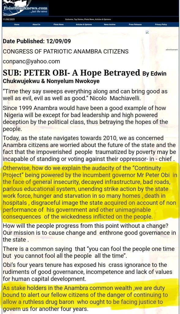 HighChiefOkoro's tweet photo. In 2009, a group wrote an open letter to then Gov. Peter Obi.

The group made so many revelations about Peter Obi in this publication.

The shocking one is they said he was a Drug peddler from his school days in UNN and many more.

Don’t see this alone, pass it on. https://t.co/3PrNpvXYEM
