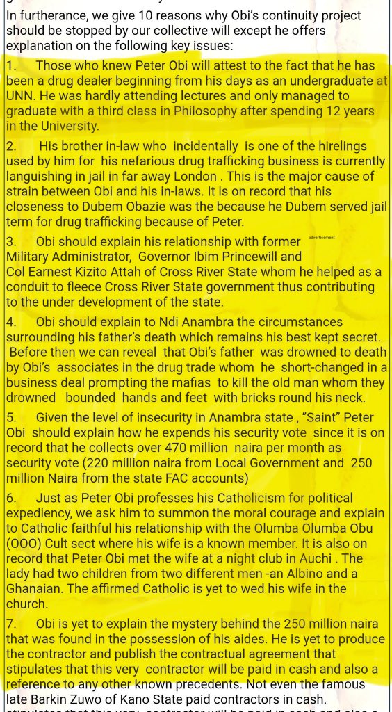 HighChiefOkoro's tweet photo. In 2009, a group wrote an open letter to then Gov. Peter Obi.

The group made so many revelations about Peter Obi in this publication.

The shocking one is they said he was a Drug peddler from his school days in UNN and many more.

Don’t see this alone, pass it on. https://t.co/3PrNpvXYEM