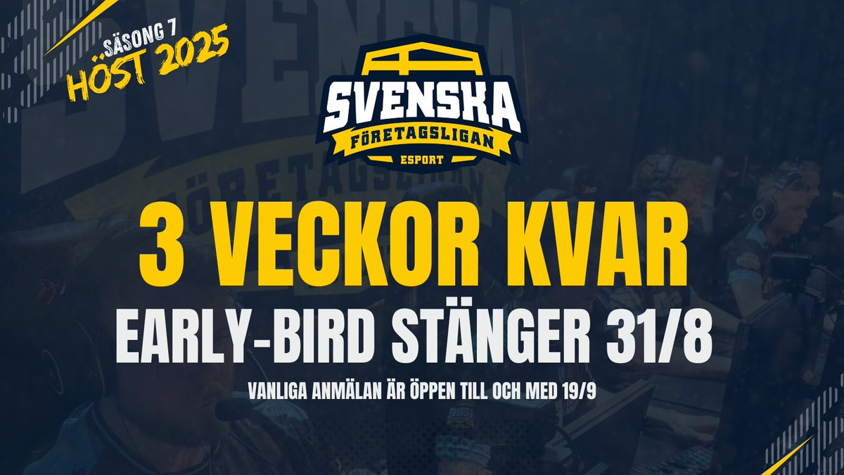 🚨 3 veckor kvar! 🚨

Sveriges största &amp; officiella företagstävling i esport är tillbaka.

Early-Bird för #SFL2025 stänger 31 aug – missa inte bästa priset!

🎯 Anmäl ert lag idag: publiclir.se/nyheter/sfl-ho…