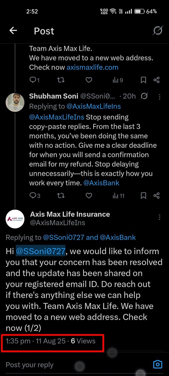 SSoni0727's tweet image. Let’s bring this face to face @AxisMaxLifeIns @AxisBankSupport show the screenshot of the email you claim was sent before 1:35 PM today. I challenge you publicly. I’ll expose your reality here in front of everyone. Let’s see who’s really lying. #AxisMaxLifeScam #CustomerJustice