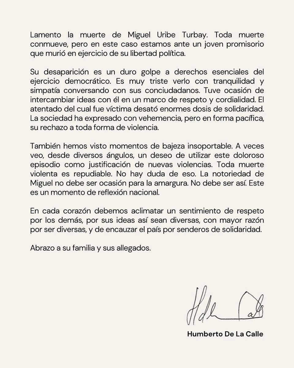 Lamento profundamente el fallecimiento de Miguel Uribe Turbay.