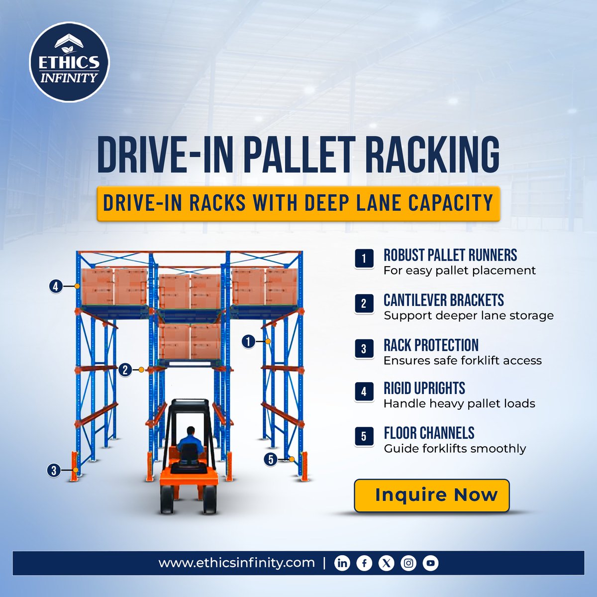EInfnity's tweet photo. Maximize storage, minimize space! 🚛
Our Drive-In Pallet Racking is perfect for high-density, heavy-duty storage — built for cold storage, bulk warehousing &amp; LIFO operations.
#DriveInRacking #PalletStorage #WarehouseEfficiency #ColdStorageRacks #EthicsInfinity https://t.co/O5KJZgLbFi