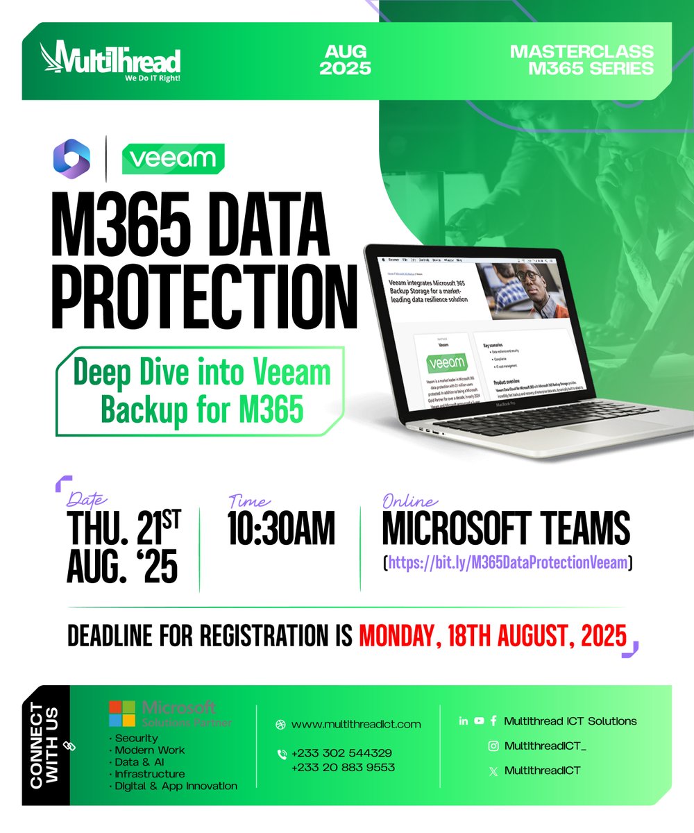 MultiThreadICT's tweet image. Across industries, Microsoft 365 drives collaboration and productivity for modern businesses. Our upcoming M365 Data Protection Masterclass will show you how Veeam Backup for M365 works alongside Microsoft’s robust security to provide advanced backup and recovery. Register Now