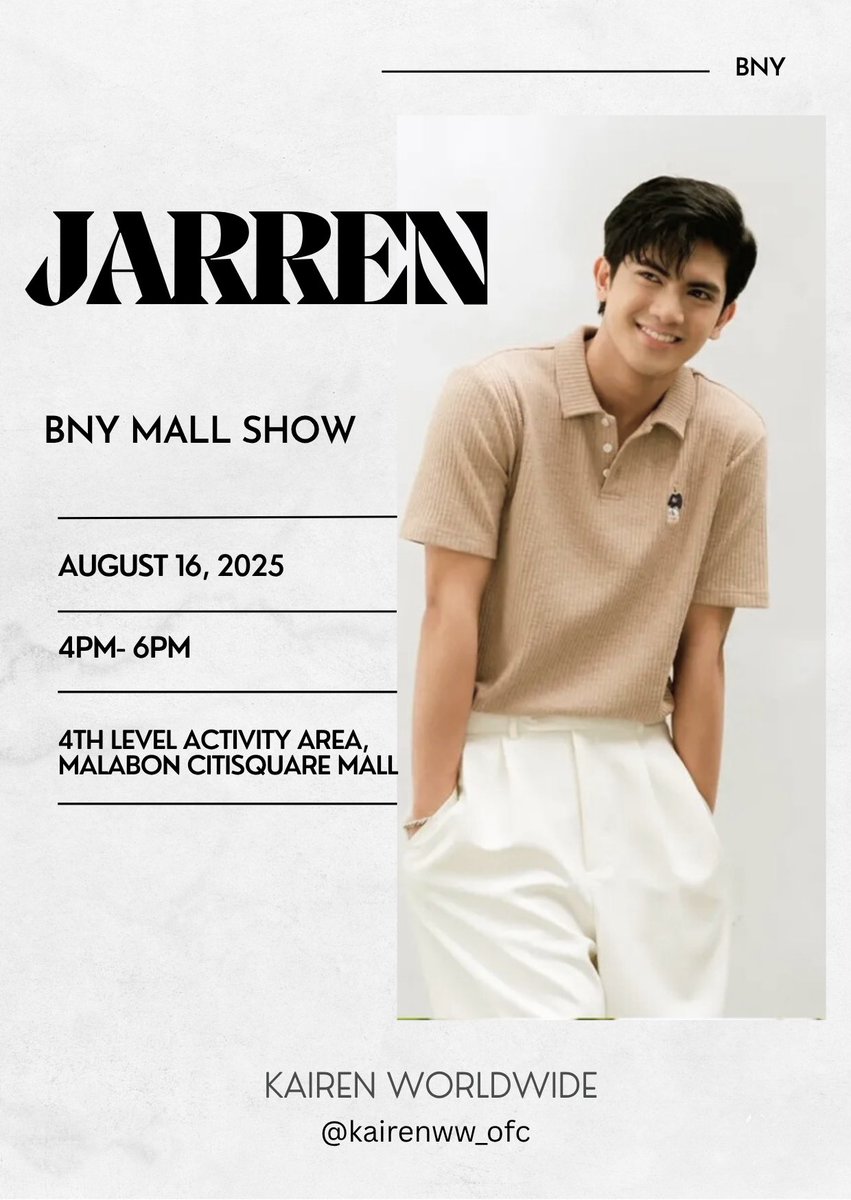 kairenww_ofc's tweet photo. 𝟏𝟎 𝐓𝐈𝐂𝐊𝐄𝐓𝐒 𝐔𝐏 𝐅𝐎𝐑 𝐆𝐑𝐀𝐁𝐒! 🎟️

We’re giving away 10 tickets for Jarren’s BNY Mall Show in Malabon! 🧡

To join, simply follow our page and answer the question in the comments: “What song reminds you of KaiRen and why?” Don’t forget to use our hashtag too!

Entries close on August 13, 8pm. Don’t miss the chance to see Jarren live and share this special moment with fellow KaiRen fans. We can’t wait to see you in Malabon! 💫

#KaiRen | #JarrenGarcia