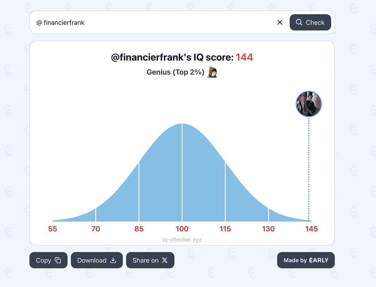 financierfrank's tweet photo. Everyone including @toly shares their IQ using #IQChecker
88jKgqtqMZAGA1a7Enee1ieLn1VNZrnMzFAigQZxd5Uf https://t.co/3MMPbv3FK0
