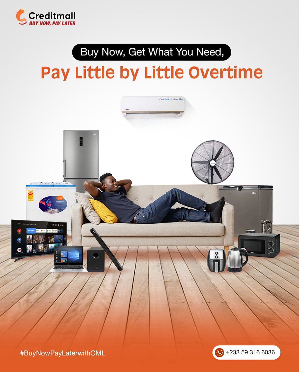 creditmallgh's tweet photo. A new week means new goals β and Credit Mall has your back with everything you need to achieve them, comfortably.
Start today with the power in your hands.
WhatsApp 0593166036 today.
#creditmall #buynowpaylater #spreadpayments #liveeasy https://t.co/VEEOZ8ivaV