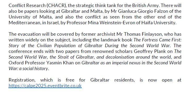 CalpeConference's tweet photo. Have you signed up for the 2025 #CalpeConference yet? 

#Gibraltar in the Second World War and in other global conflicts: The importance of geography

📍@wwtwotunnels
🗓️18-20 September 2025
🕙Starting at 09:00

https://t.co/LhCPkpzGed

#WWII #SecondWorldWar #Calpe25 https://t.co/qZ4iEG2Gxk