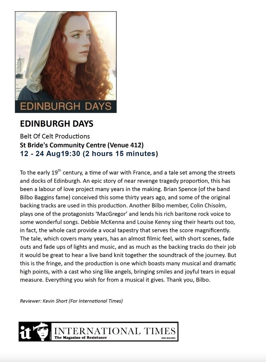 The production ‘boasts many musical &amp; dramatic high points, with a cast who sing like angels, bringing smiles &amp; joyful tears in equal measure. Everything you wish for from a musical’

Thanks to the <a href="/intltimes/">International Times</a> for this great review. Edinburgh Days continues until 24 Aug <a href="/edfringe/">Edinburgh Festival Fringe</a>