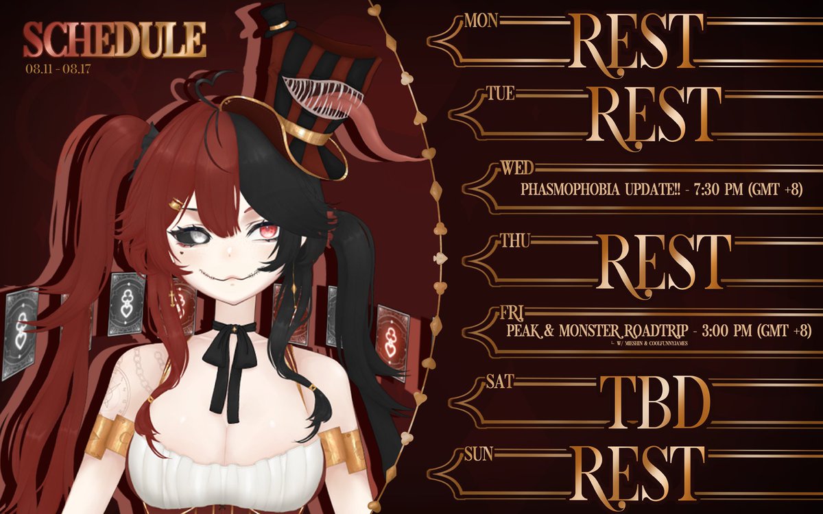 Here is the stream schedule for the week!! Not much streams this week since I have to work on art a bit more this week~

Although, if I feel like it, I might randomly pop on stream!!