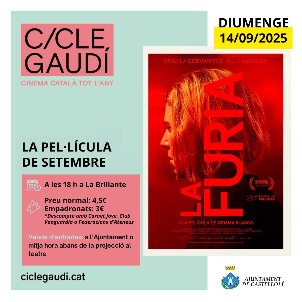 castelloli's tweet image. Aquest mes de setembre, el @ciclegaudi porta a #Castellolí la pel·lícula “La Furia”, de Gemma Blasco🍿

🗓 14 de setembre a les 18h
📍La Brillante
🎟 Venda d'entrades a l'Ajuntament o mitja hora abans de la projecció al teatre

No te la perdis! 👏🏼🎞