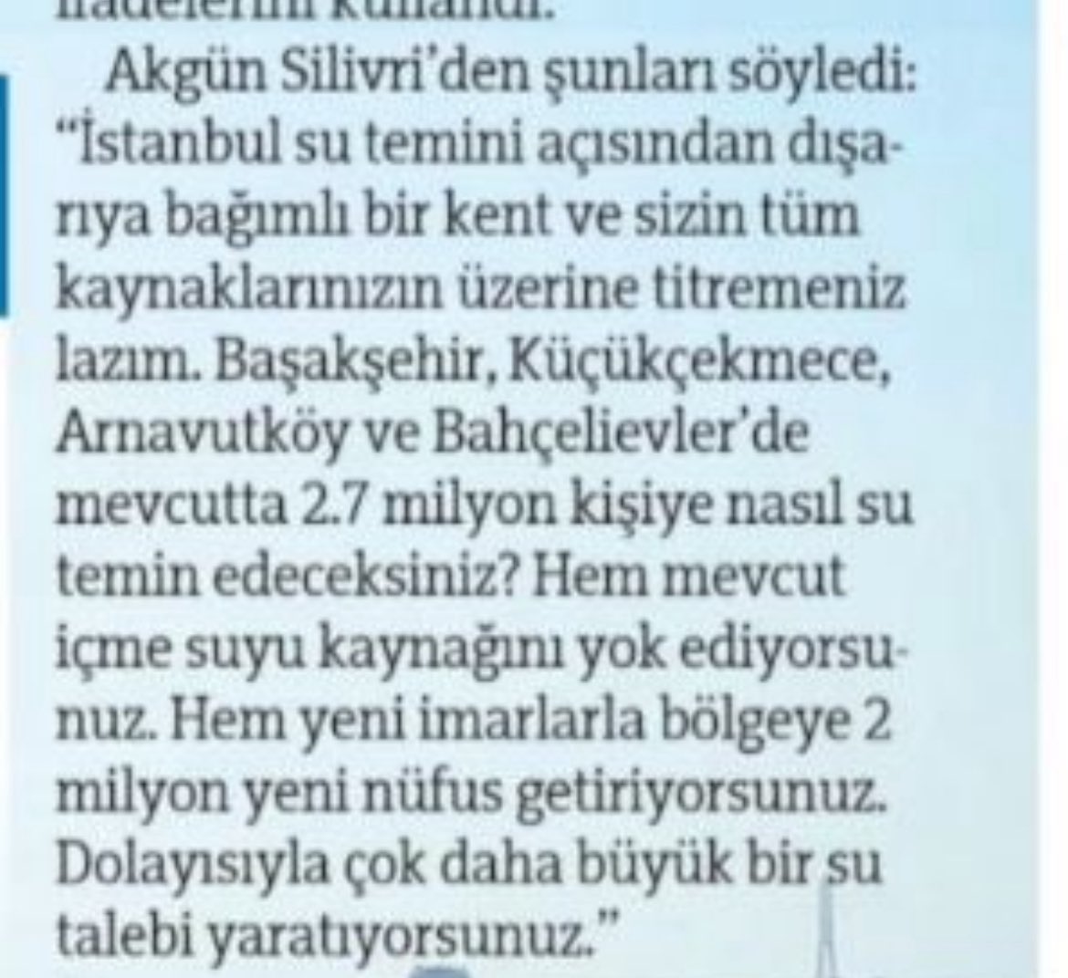 İstanbul daha fazla nüfus kaldıramaz. Tutuklu şehir plancı <a href="/akgungurkan/">Gürkan Akgün</a>'ın çığlığını duyun: "İstanbul su temini açısından dışarıya bağımlı bir kent. Başakşehir, K.Çekmece, Arnavutköy ve Bahçelievler'e 2,7 milyon kişiye nasıl su temin edeceksiniz? Yeni imarla bölgeye 2 milyon kişi