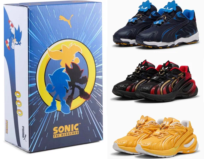 ICYMI: a new #Sonic x #PUMA collaboration was announced! Featuring 3 pairs of shoes: Sonic x PUMA Inhale Tails x PUMA Inverse Shadow x PUMA Inverse The Sonic shoes will be available in adult sizes, but Shadow and Tails are unknown. Releasing October 30th 2025! #SonicNews