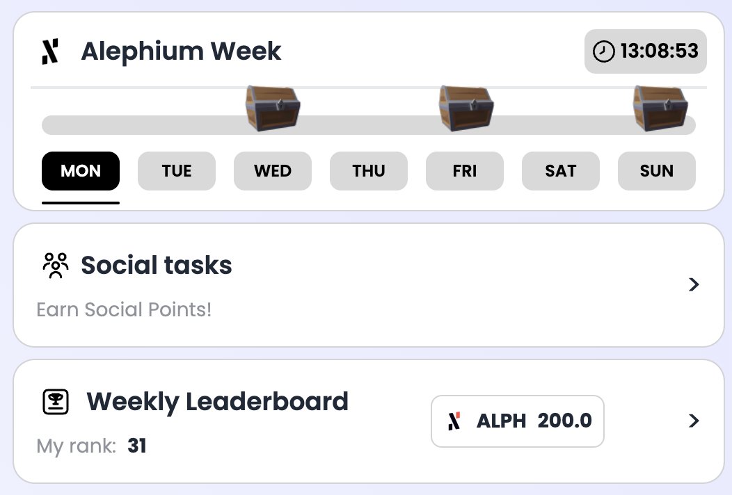 🚀 New week, new rewards!

The Weekly Leaderboard is LIVE – climb the ranks for a chance to win $ALPH 💎

Prove your skills and claim your spot 🏆
