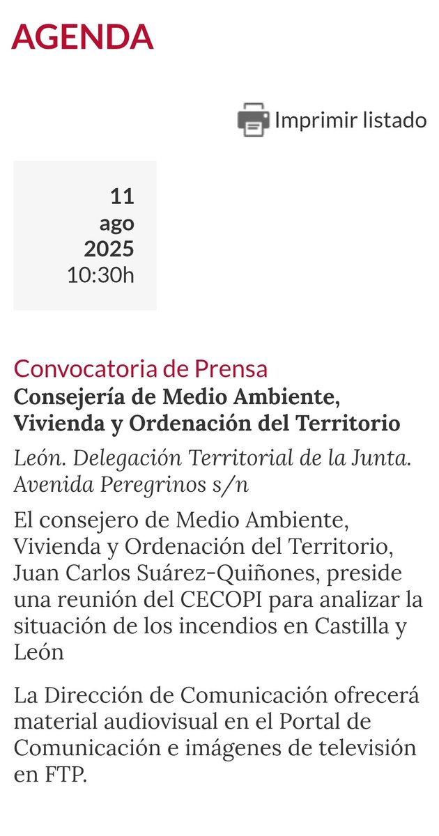 Arde Castilla y León y esta es la agenda de la Junta de Castilla y León donde las vacaciones no están sobrevaloradas,veamos:
Con Las Médulas en llamas, el consejero de Medio Ambiente ha decidido salir de donde fuera para una reunión del CECOPI. Se ve que antes no tenía cobertura