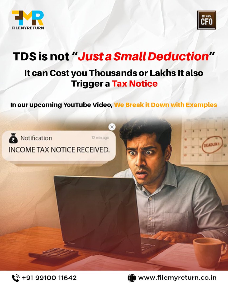 Filemyreturn2's tweet image. TDS is NOT just a small deduction!
It can cost you thousands or even lakhs &amp;amp; yes, it can even trigger a tax notice
#tds #taxdeduction #IncomeTax  #taxnotice #itrfiling  #taxplanning #taxconsultant #financialmanagement #wealthmanagement #RiskManagement  #certifiedfinancialplanner