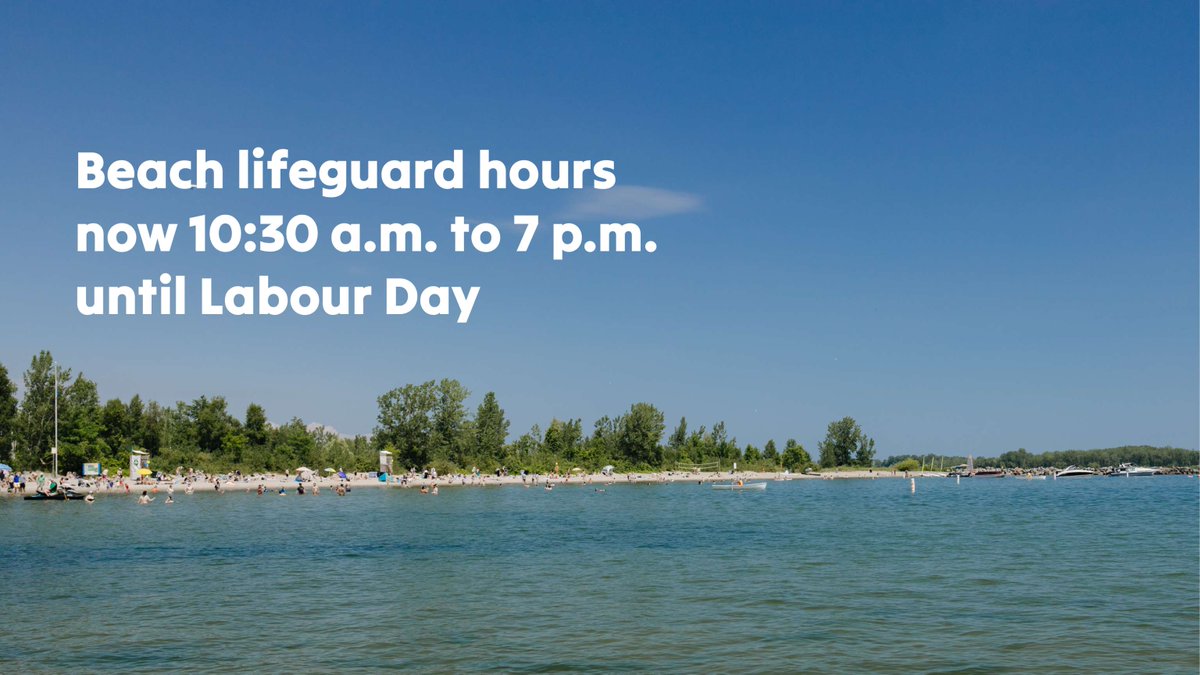 Lifeguard hours at Toronto’s supervised swimming beaches are rolling back 30 minutes today (Monday, August 11, 2025) until Labour Day.

They will be on duty daily from 10:30 a.m. to 7 p.m.

Fine a beach near you, toronto.ca/beaches