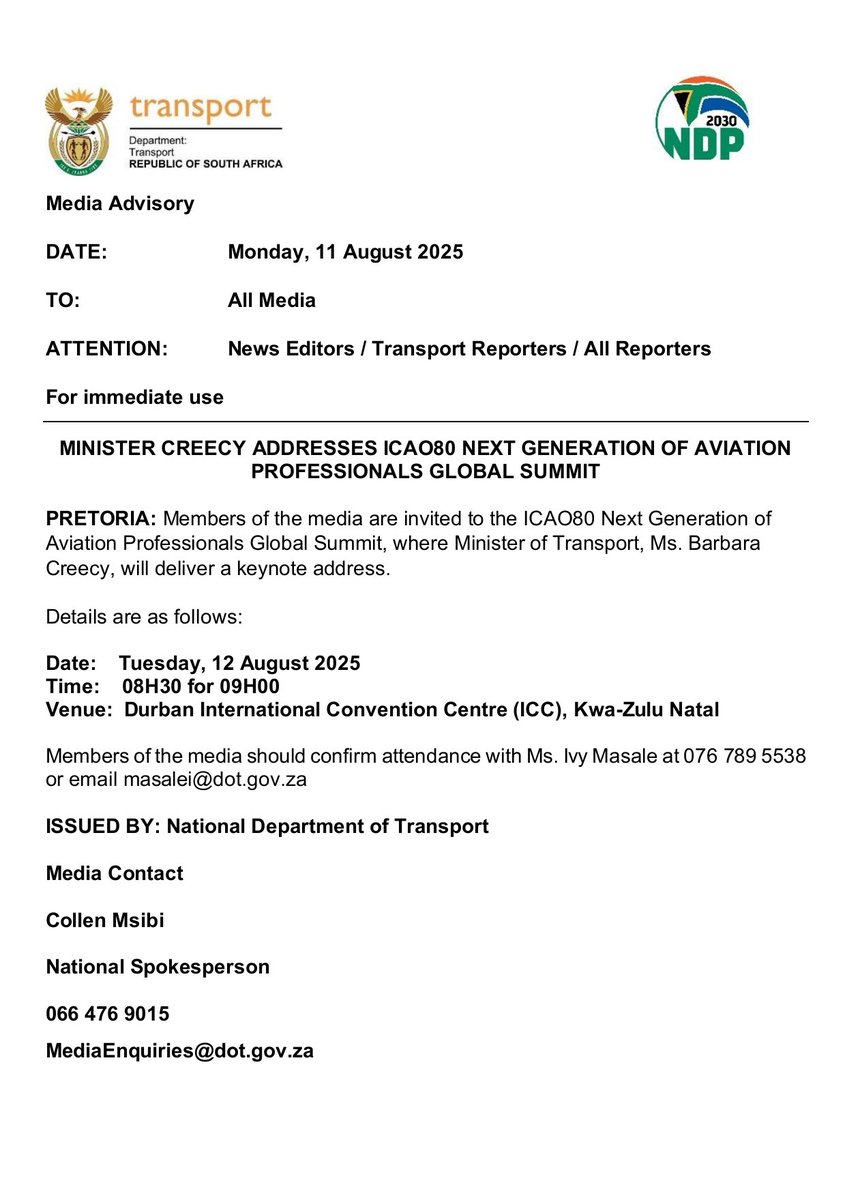 The Minister of Transport <a href="/BarbaraCreecy_/">Minister of Environment, Forestry & Fisheries 🇿🇦</a> will address <a href="/icao/">ICAO</a> 80 next Generation of Aviation Professionals Global Summit 

#GlobalSummit