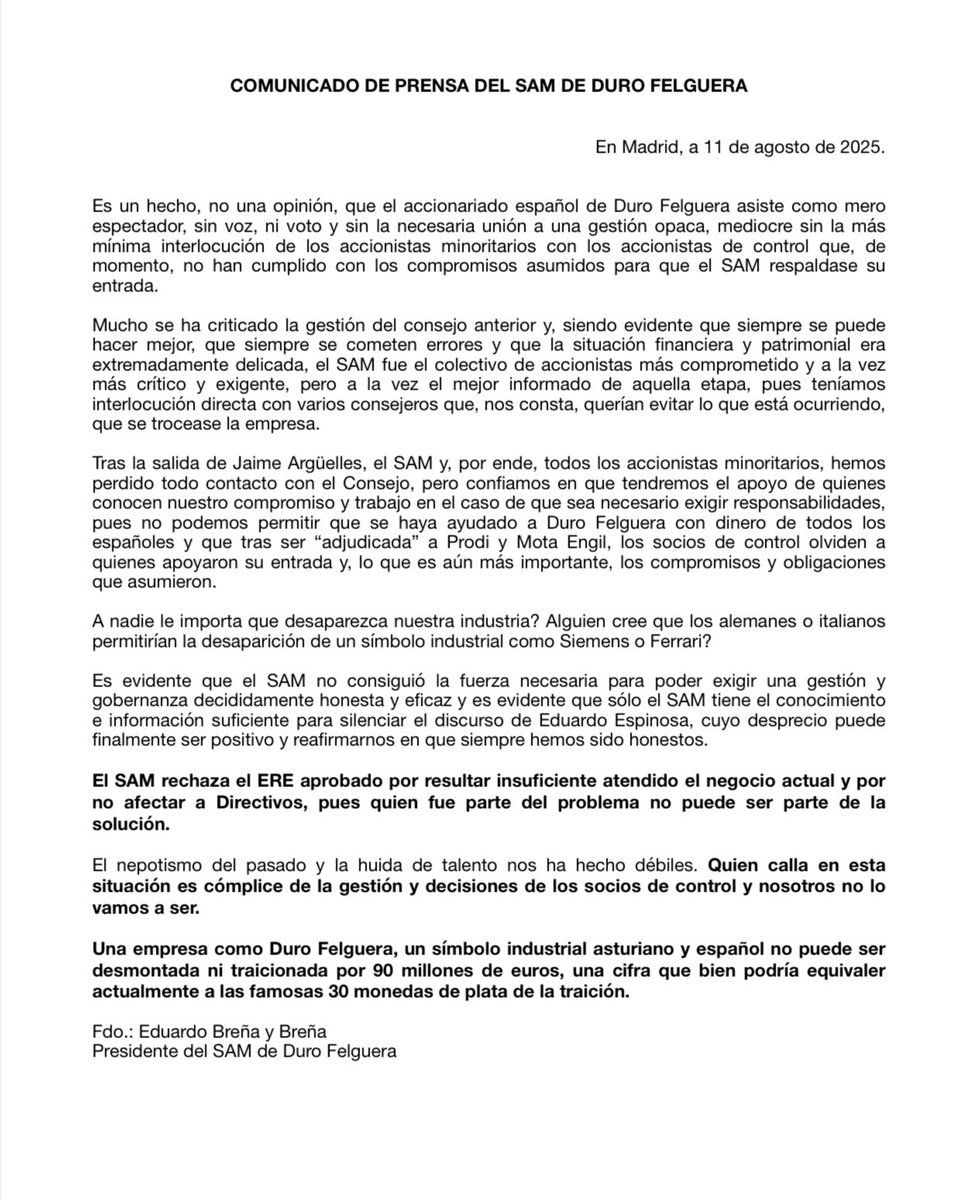 Comunicado de Prensa del #SAM de #DuroFelguera #MDF 👇