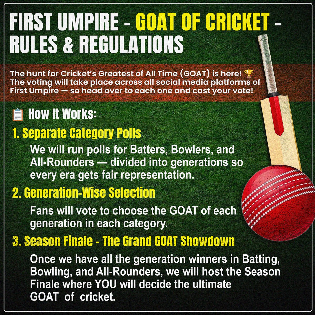 First_umpire's tweet photo. 💬 How to Get Featured:
While voting, drop your best analysis on why you picked that player.

The best and most insightful comments will get huge shoutouts from First Umpire during our shows and on social media.

#cricket #goat #Legend #cricketlovers #updates #Opinion https://t.co/PpHDtoU92W