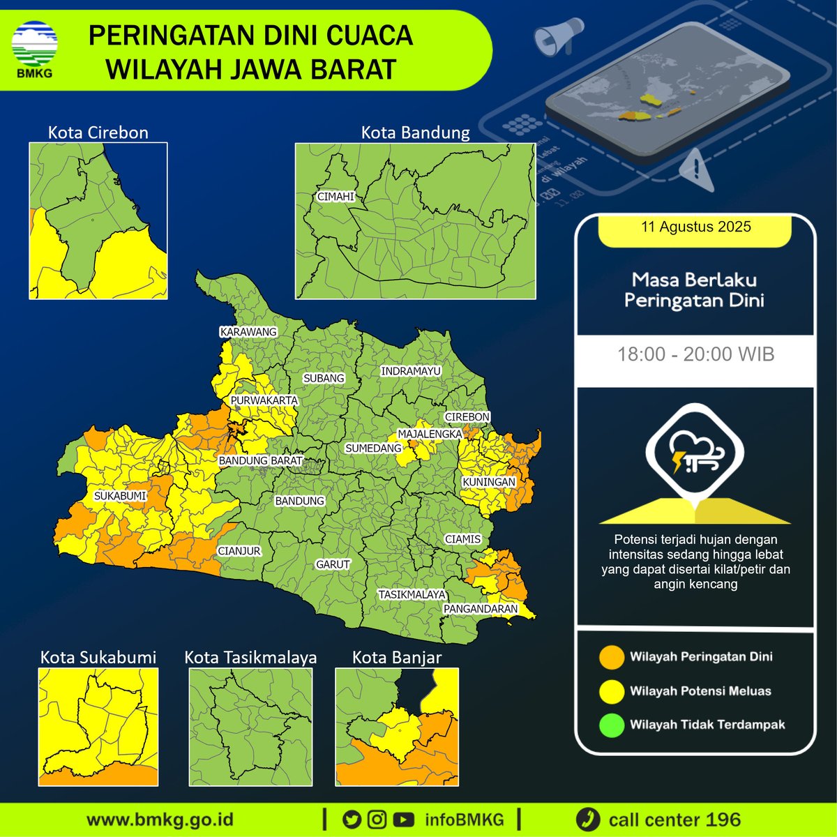 infoBMKG's tweet photo. Update Peringatan Dini Cuaca Wilayah - Jawa Barat Tgl. 11 Agustus 2025 pkl. 18:00 WIB
Prakirawan - BMKG - Jawa Barat
https://t.co/wg0xYyoZf2 https://t.co/WlEZw8Rtse