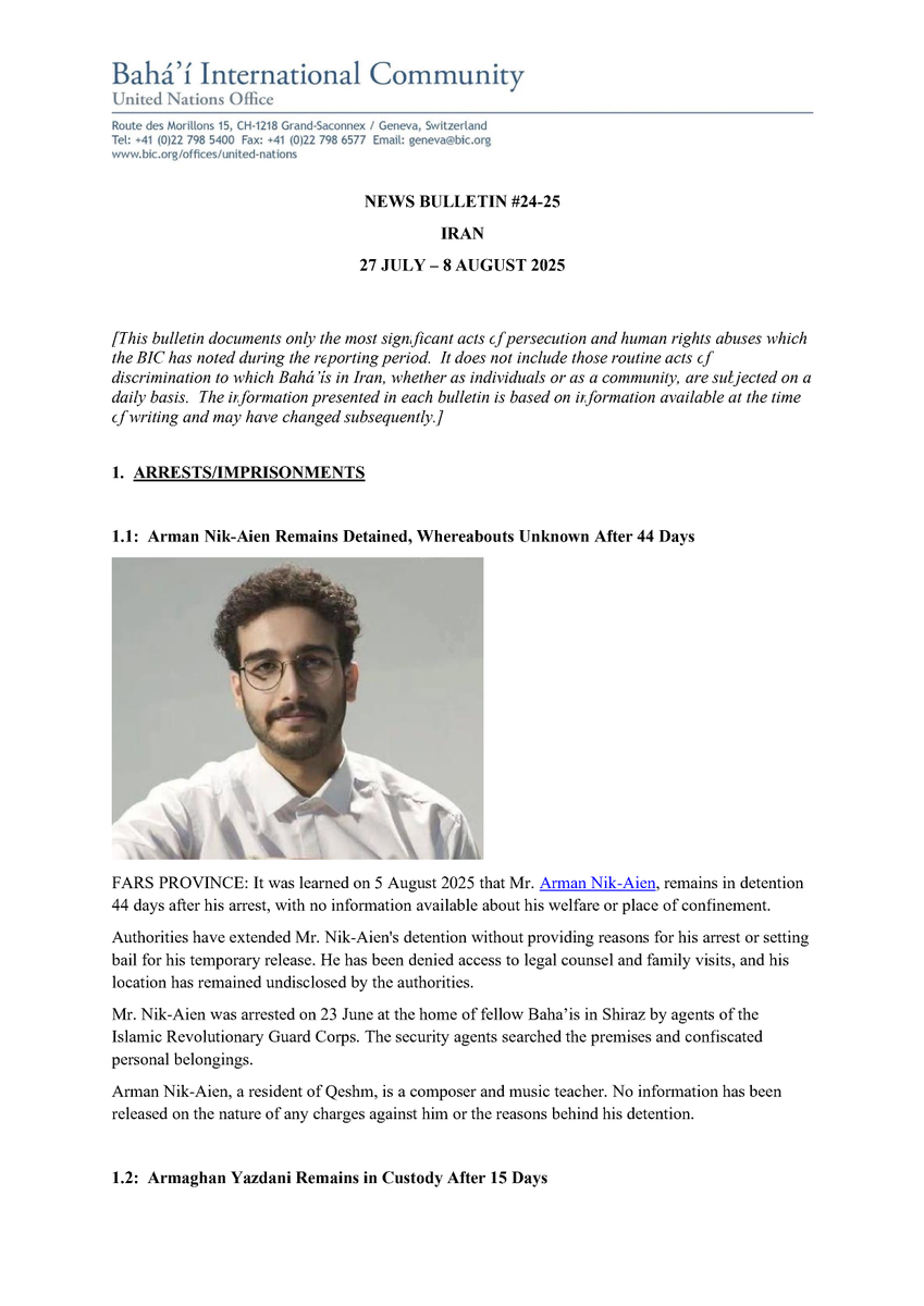 PersecutionIran's tweet photo. Iran News #Bulletin #24-2025 re the persecution and human rights abuses of the Bahá'ís in #Iran is available here: https://t.co/QP6zLfnSxS
#Bahai #Bahais_of_Iran #HumanRights
#Tehran #Shiraz #Semnan #Baharestan #Gorgan #Qaemshahr #Sari #Juybar #Marvdasht #Shahinshahr https://t.co/ADQdeIDrbL