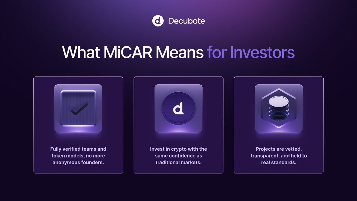 Why investors should care about MiCAR, and Decubate’s license

For too long, crypto investing was the wild west: no safeguards. No standards. No second chances.

Now, that changes.

Thanks to MiCAR:

- You get refund rights on token sales
- Projects must disclose risks,