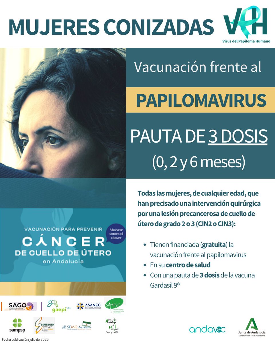 SEMERGENAndaluz's tweet photo. 💉Vacunación frente a Papilomavirus en personas con VIH y mujeres conizadas. Infografías Pautas de vacunación. 

👉https://t.co/HfBlI6y3Fq

👉https://t.co/HfBlI6y3Fq

#semergenandalucia @Andavac_ https://t.co/nW5FSiCByJ