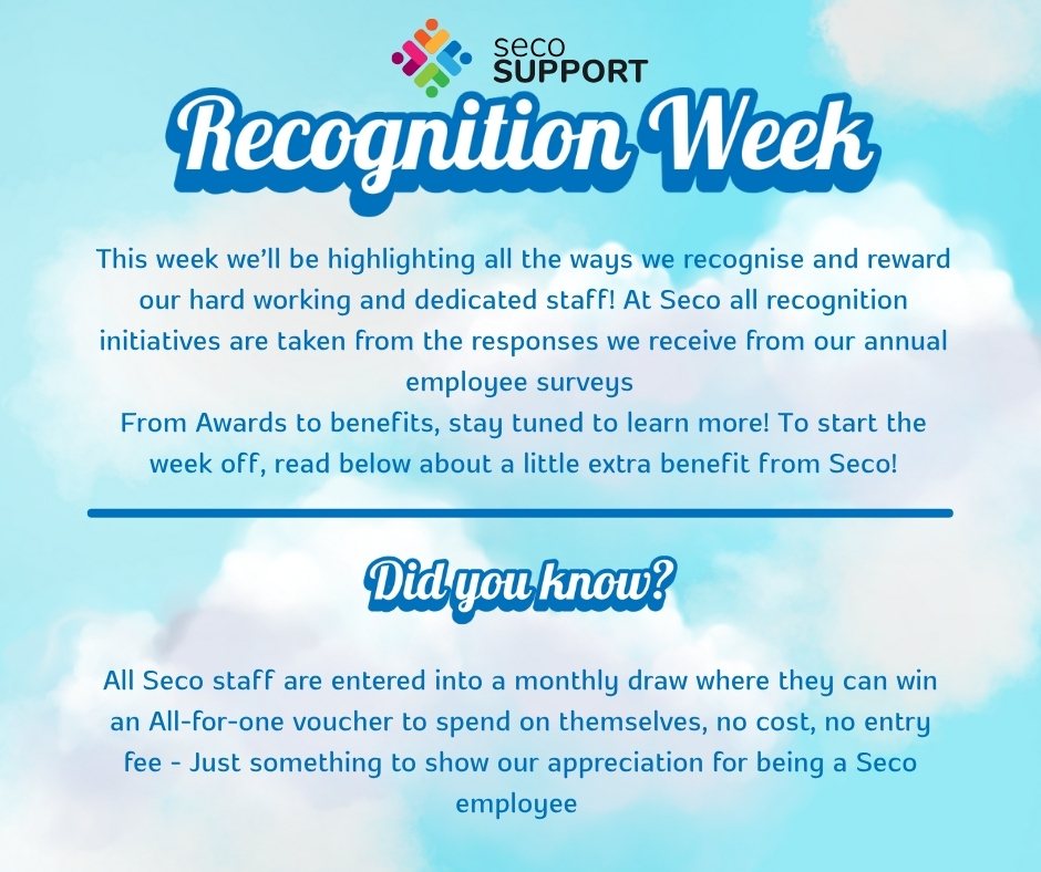 At Seco, we know it's important to recognise the achievements and contributions of staff! 🏅

This week we'll be sharing some of the ways we celebrate and show our appreciation for our hard working teams! 

#SecoSupport #RecognitionWeek