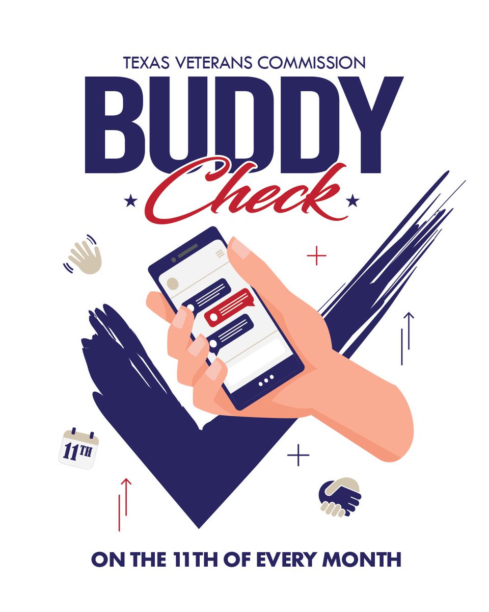 TexasVeterans's tweet photo. Buddy Check Day!  A reminder to check in and see how fellow veterans are doing.

👉Find other #TexasVeterans to talk with in the Military Veteran Peer Network: https://t.co/RleNEtT7kg

🔗Learn more about TVC mental health program:  https://t.co/uibsJC0LKT https://t.co/EcKGIDp8rF