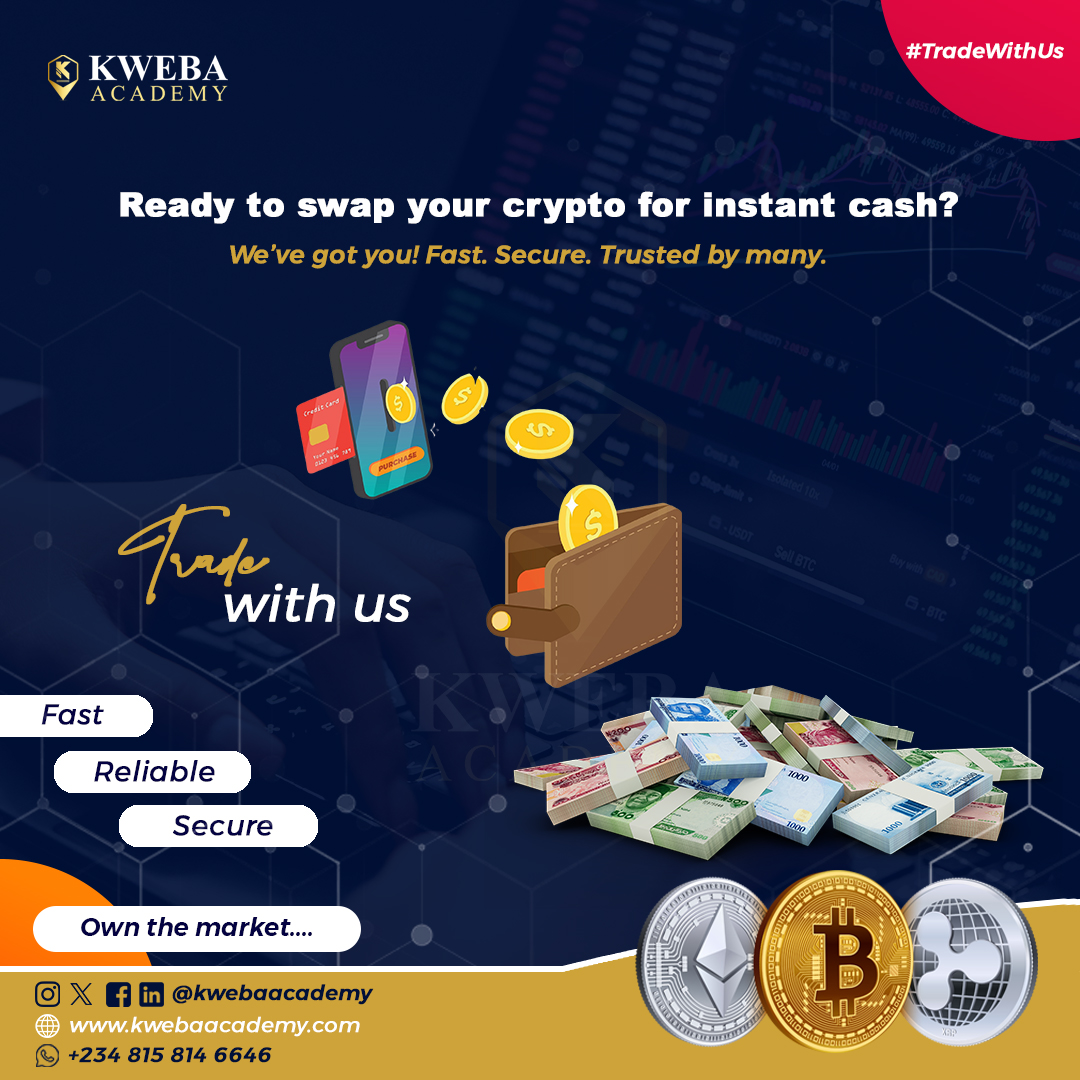 Kwebaacademy's tweet photo. Need quick access to your funds?
With Kweba Academy, swapping your cryptocurrency for cash is fast, secure, and reliable.
Whether itโs Bitcoin, Ethereum, or other top coins, weโve got you covered.
#TradeWithUs #CryptoTrading #KwebaAcademy #CryptoCashout #BNB #USDT #BTC #ETH https://t.co/DfveKcOC5j