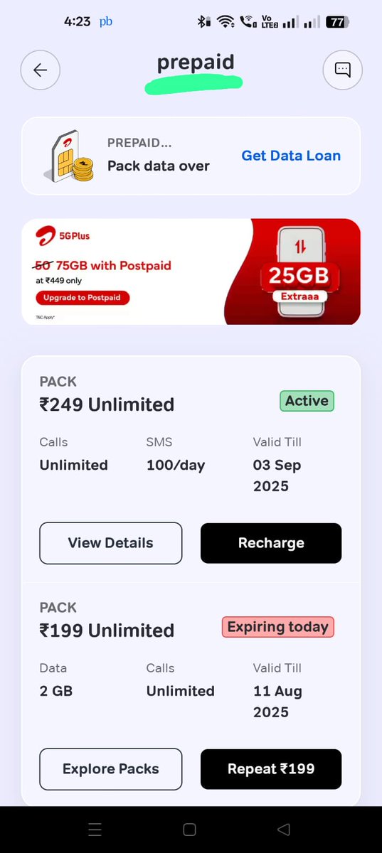 PriteshShinde98's tweet photo. I think Airtel is misleading people. Today, I recharged ₹249 for 28 days. In the Airtel app, it shows 28 days, but when I calculate, it’s only 24 days. If you want to give only 24 days, then mention it clearly. Why are you scamming people? @airtelindia @airtelnews @GyanTherapy https://t.co/busE5umVwl