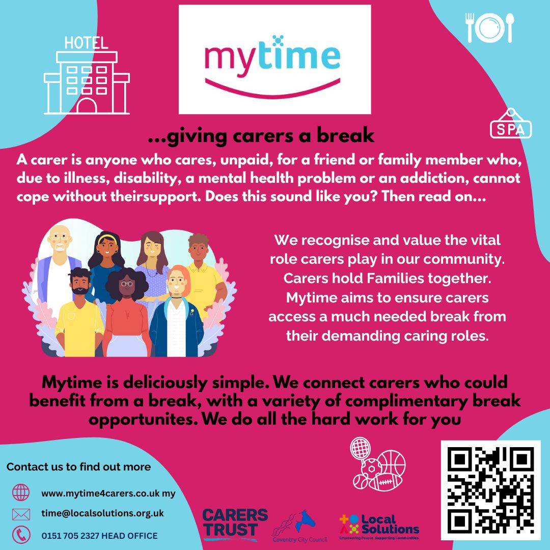 covjobsupport's tweet image. Are you an unpaid carer in need of a break? My Time is a fantastic initiative designed to support carers with a much needed complimentary break. 

Contact:

💻 orlo.uk/jEtMY 

🖱️ mytime@localsolutions.org.uk

📞 0151 705 2327

#MyTime #Coventry #carers #carersupport