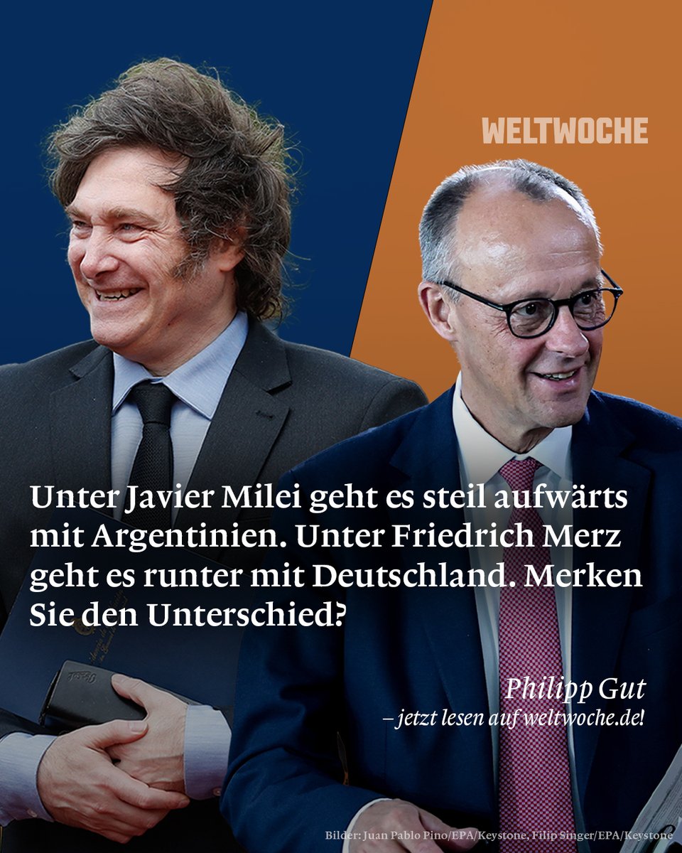 Die Weltwoche (@weltwoche) on Twitter photo Unter Javier Milei geht es steil aufwärts mit Argentinien. Unter Friedrich Merz geht es runter mit Deutschland. Merken Sie den Unterschied?
<a href="/PhGut/">Dr. Philipp Gut</a>
🔗 Hier ganzen Artikel lesen: weltwoche.de/daily/unter-ja… Unter Javier Milei geht es steil aufwärts mit Argentinien. Unter Friedrich Merz geht es runter mit Deutschland. Merken Sie den Unterschied?
<a href="/PhGut/">Dr. Philipp Gut</a>
🔗 Hier ganzen Artikel lesen: weltwoche.de/daily/unter-ja…