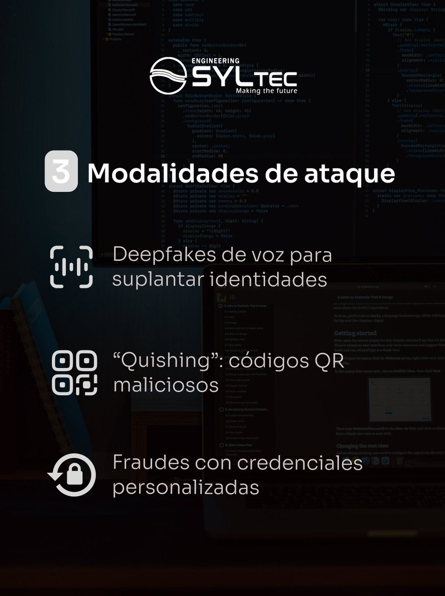 Phishing en 2025: más real y peligroso

- 3.400 M correos/día
- +4.000 % ataques con IA desde 2022
- Deepfakes de voz
- Quishing (QR malicioso)

En #SYLTEC seguimos las tendencias para anticipar riesgos.

#PhishingIA #Ciberseguridad2025