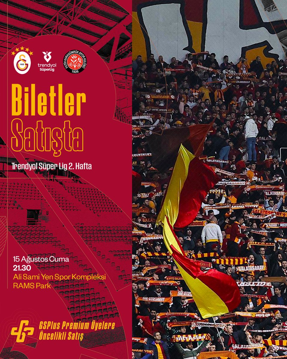 🦁 CUMA AKŞAMI RAMS PARK’TAYIZ! 💪 

🏟️ Trendyol Süper Lig’in 2. haftasında Fatih Karagümrük ile 15 Ağustos Cuma günü saat 21.30’da evimizde oynayacağımız maçın biletleri GSPlus Premium üyelerine 𝗼̈𝗻𝗰𝗲𝗹𝗶𝗸𝗹𝗶 olarak SATIŞTA! #GSvKG

🎫 Bilet satın almak için 👉
