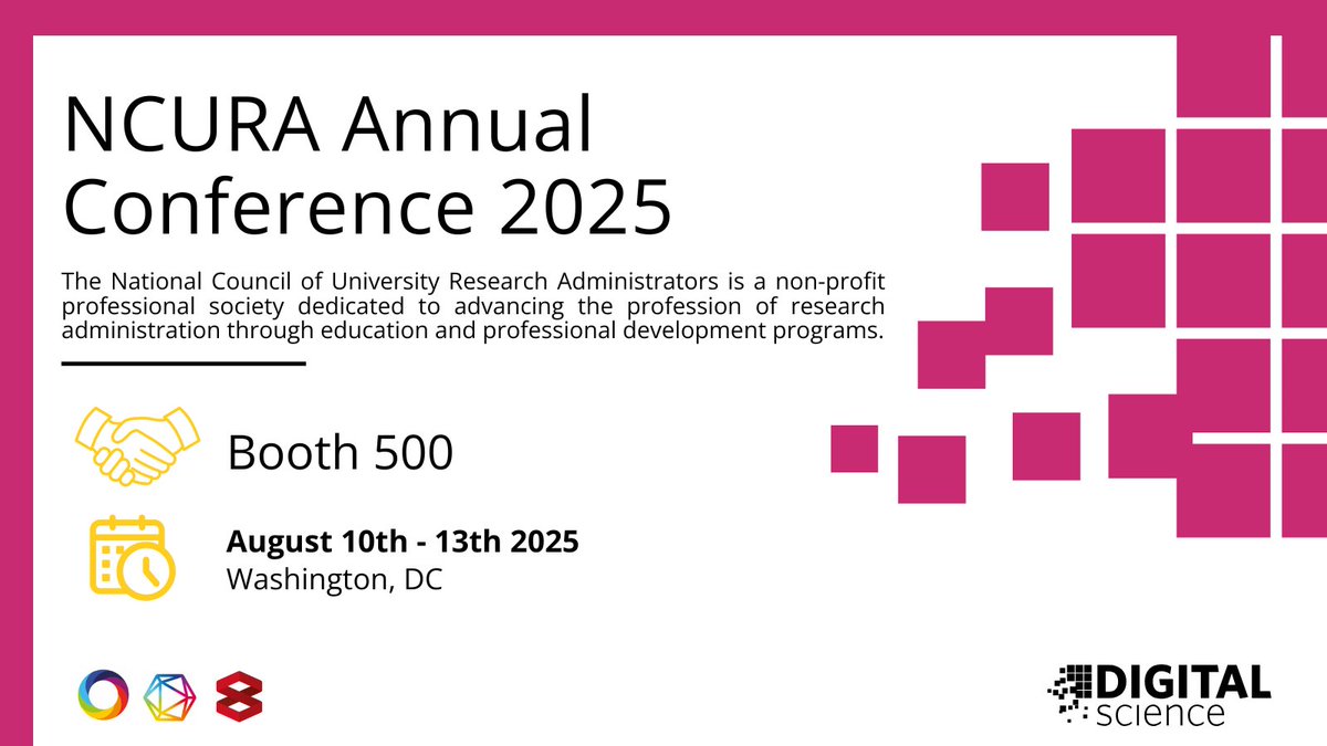 digitalsci's tweet photo. We're excited to join you at this week's @NCURA 67th Annual Conference! #NCURA

🗓️ August 10-13
📍 Washington, D.C.

🤝 Meet us at Booth 500 - we're showcasing @altmetric @DSDimensions &amp; @Symplectic for #ResearchAdmin

🔗 See more details: https://t.co/QJmc3mTuKx https://t.co/sQdD0c4s1V