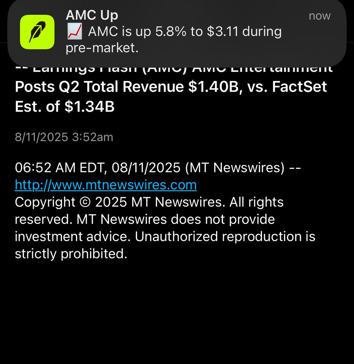 $AMC BEATS EARNINGS ESTIMATE 

$1.34 Billion Estimate 

$1.40 Billion Actual 🔥