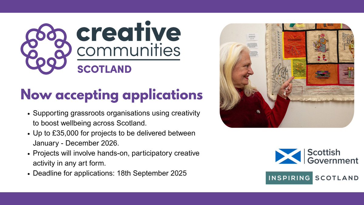 New £320,000 fund opens for community-led arts in Scotland 🎭

Creative Communities Scotland aims to support and empower communities to develop cultural activities that benefit individual and collective wellbeing.

Find out more: inspiringscotland.org.uk/fund/creative-…